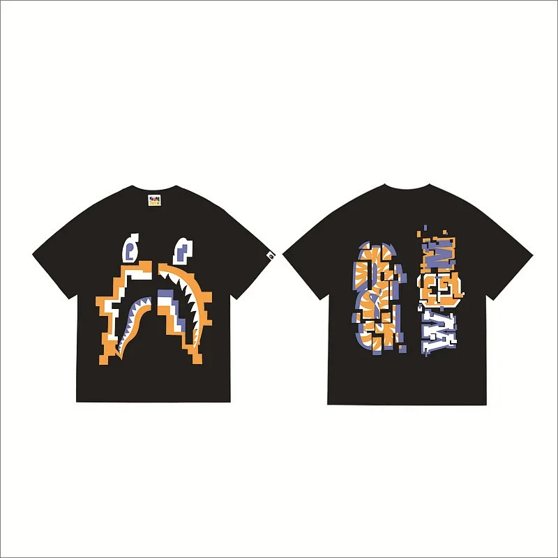BAPE Black T - Shirt with Pixel - Art Shark Head & Back Pixel Letters
