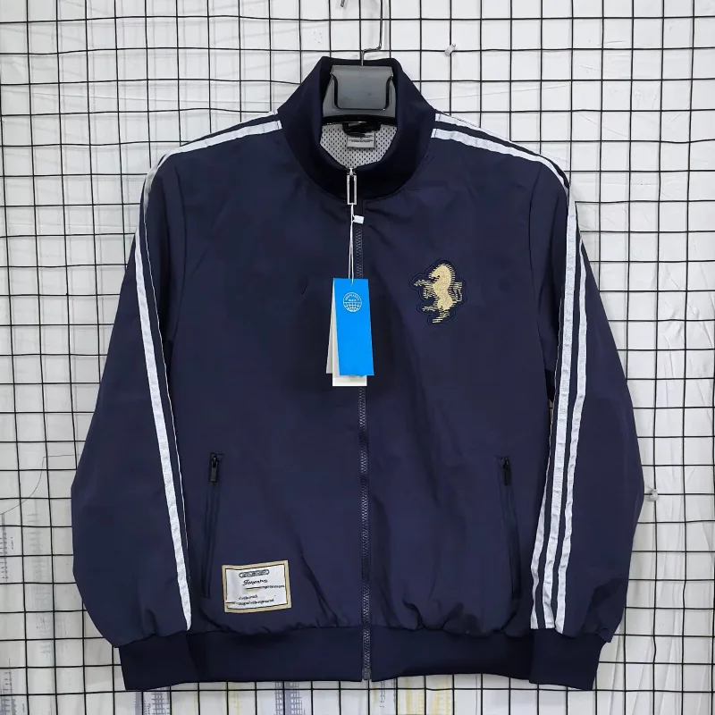 Corteiz Navy Blue Track Jacket with White Stripes, Embroidered Horse Logo