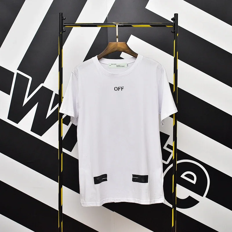 OFF-WHITE White T - Shirt with "OFF" Front Print and Black Bottom Patches