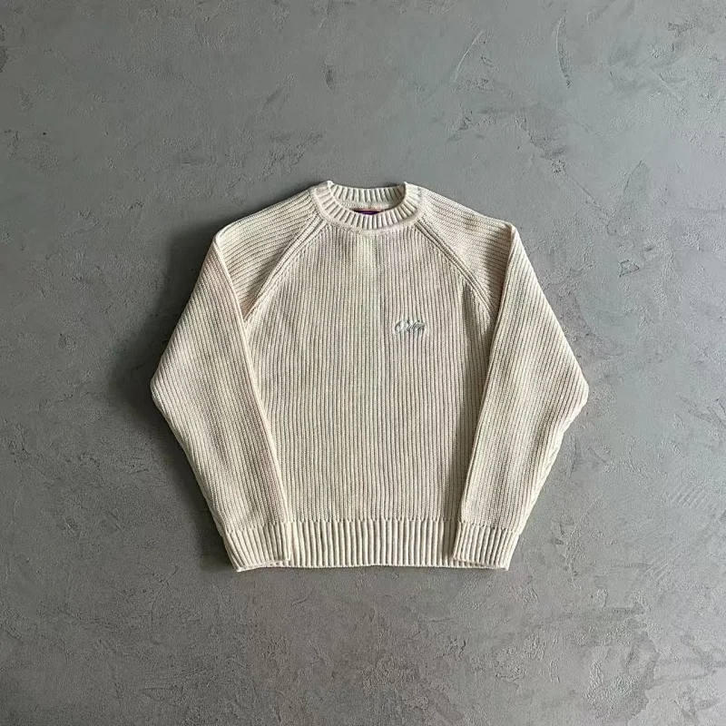 Needles Off - White Ribbed Knit Crew Neck Raglan Sleeve Sweater with Embroidered Logo