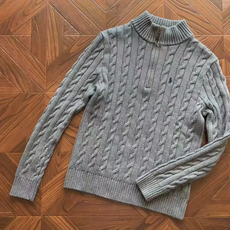 Polo Ralph Lauren Gray Cable Knit Quarter - Zip Mock Neck Long Sleeve Sweater