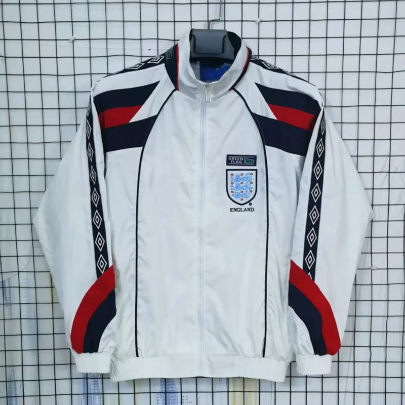 Corteiz White England Football Track Jacket with Red Black Stripes & Green Flag Logo