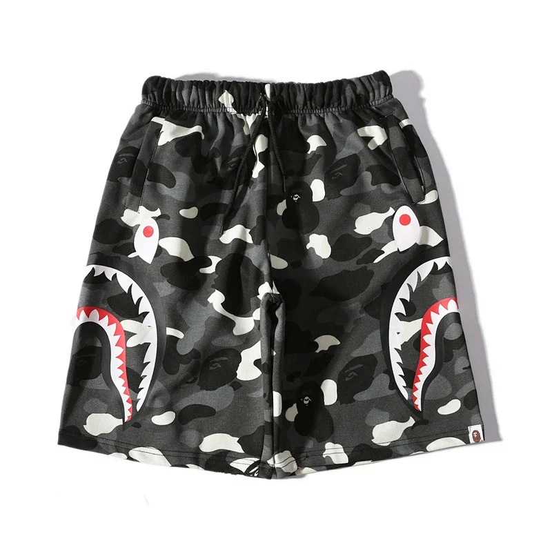 BAPE Black and Gray Camouflage Shark Mouth Pattern Drawstring Shorts
