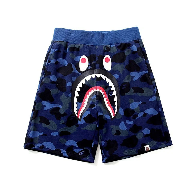 BAPE Blue Camouflage Shark Mouth Graphic Elastic - Waist Shorts