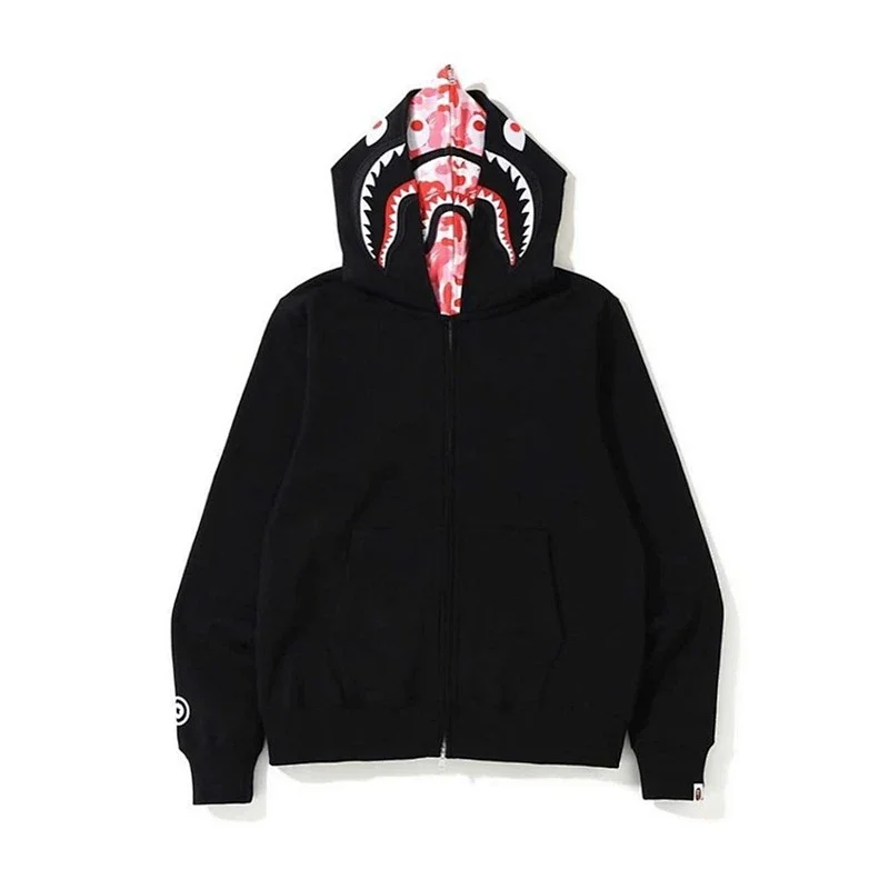 BAPE Black Shark Hoodie Zip - Up Sweatshirt with Pink Camo Lining, Pocket & Logo Cuff