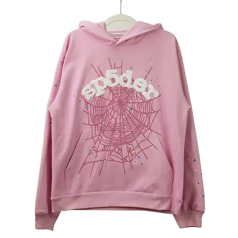 Sp5der Pink Hoodie with Spider Web Print, "sp5der" Text & Decorative Spots