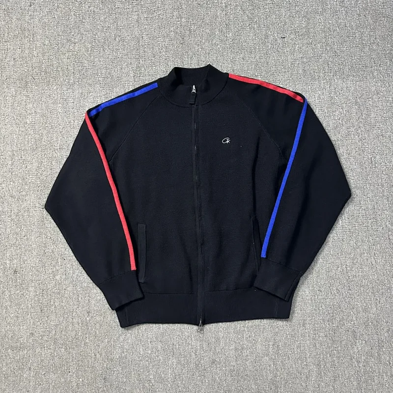 Champion Black Zip - Up Track Jacket with Red & Blue Stripes, Stand Collar & Pockets