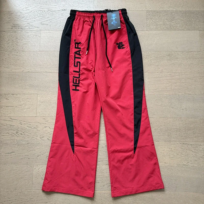 HELLSTAR Red Track Pants with Black Side Panels, Drawstring Waist & Embroidered Logo