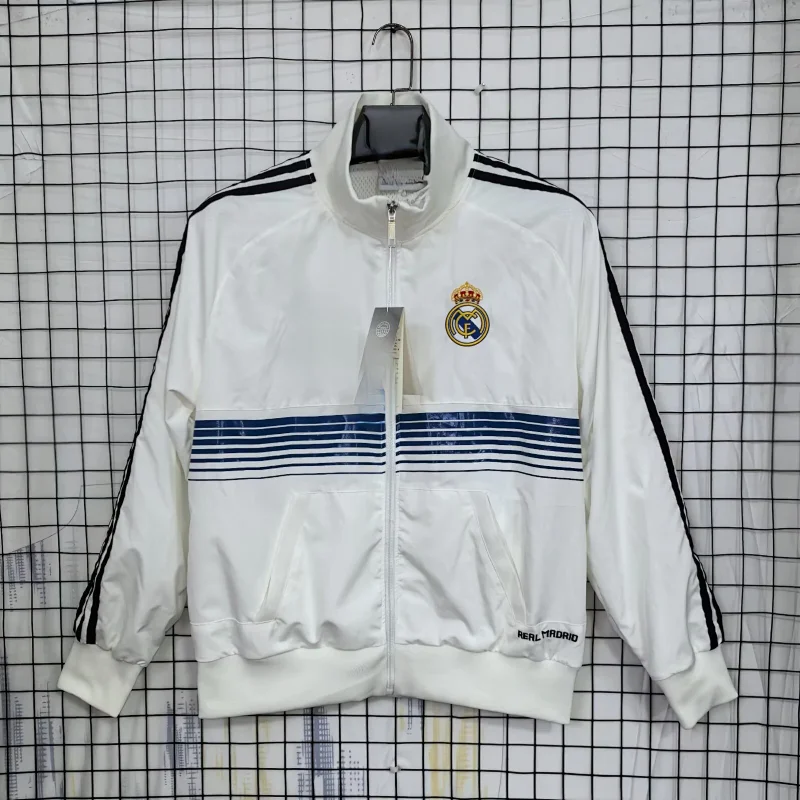 Corteiz White Track Jacket with Team Logo, Blue Stripes, Black Stripes & Zipper
