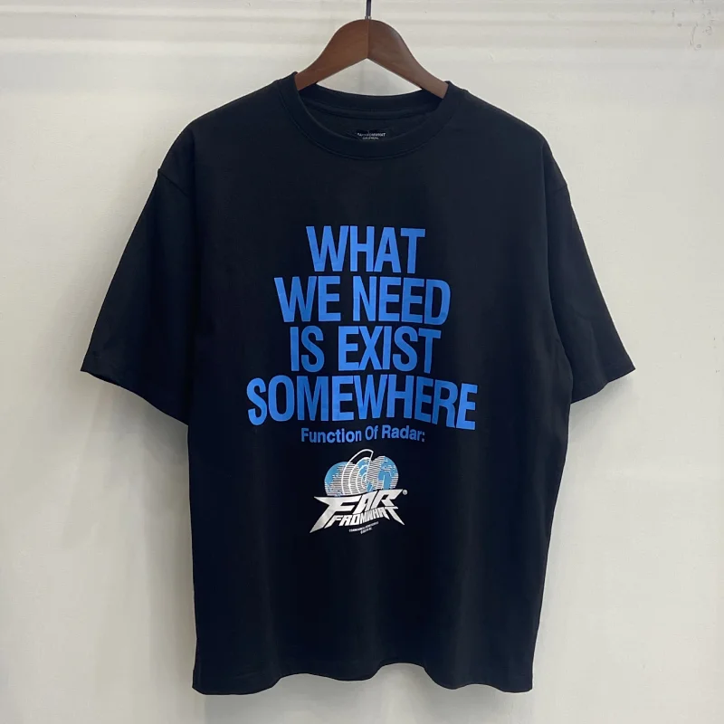 Function Of Radar Black T - Shirt with Blue "WHAT WE NEED IS EXIST SOMEWHERE" Text and Logo