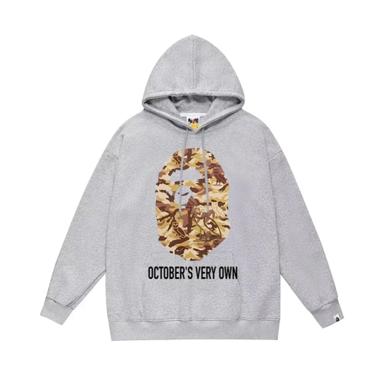 BAPE Gray Hoodie with Camouflage Ape Head & "OCTOBER'S VERY OWN" Text