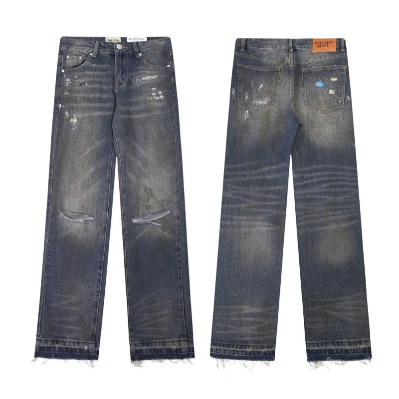 GALLERY DEPT Dark Blue Distressed Ripped Straight - Leg Jeans with Worn - Out Details & Frayed Hems