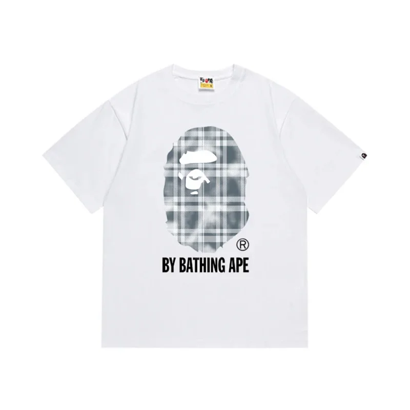 BAPE White T - Shirt with Plaid Ape Head & "BY BATHING APE" Print