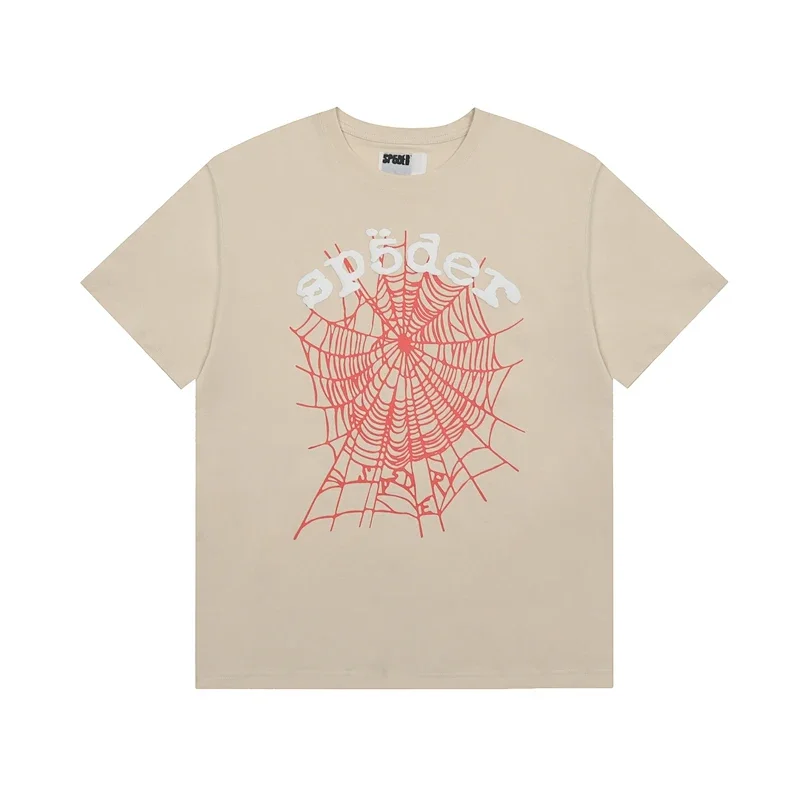 SP5DER Beige T - Shirt with Red Spider Web and "spöder" Graphic
