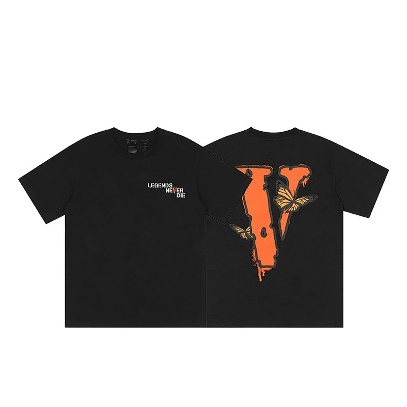 VLONE Black T - Shirt with "LEGENDS NEVER DIE" Front & Orange V + Butterflies Back