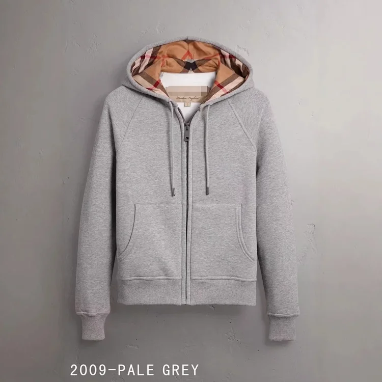 Burberry Pale Grey Hooded Zip - Up Sweatshirt with Check Lining