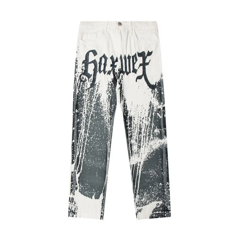 Goxwef White Jeans with Black Splatter & Gothic Font Print
