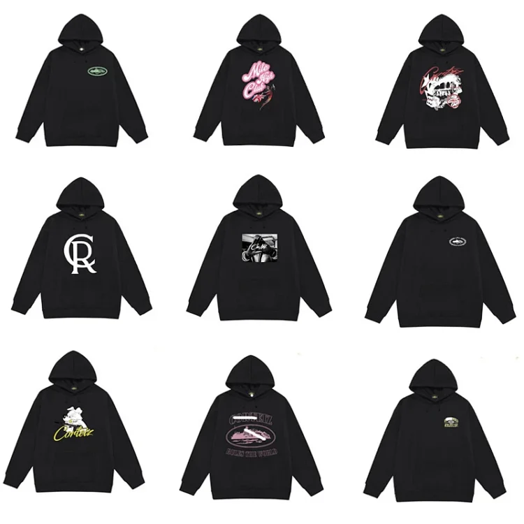 Corteiz Black Hooded Sweatshirts with Diverse Graphic Prints