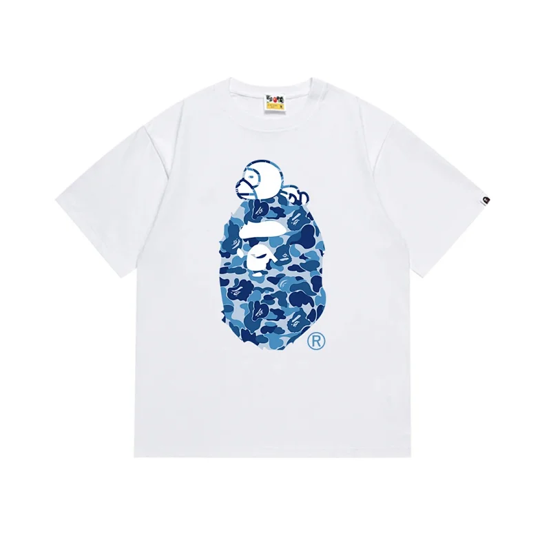 BAPE White T - Shirt with Blue Camouflage Ape Head & Baby Ape Graphic