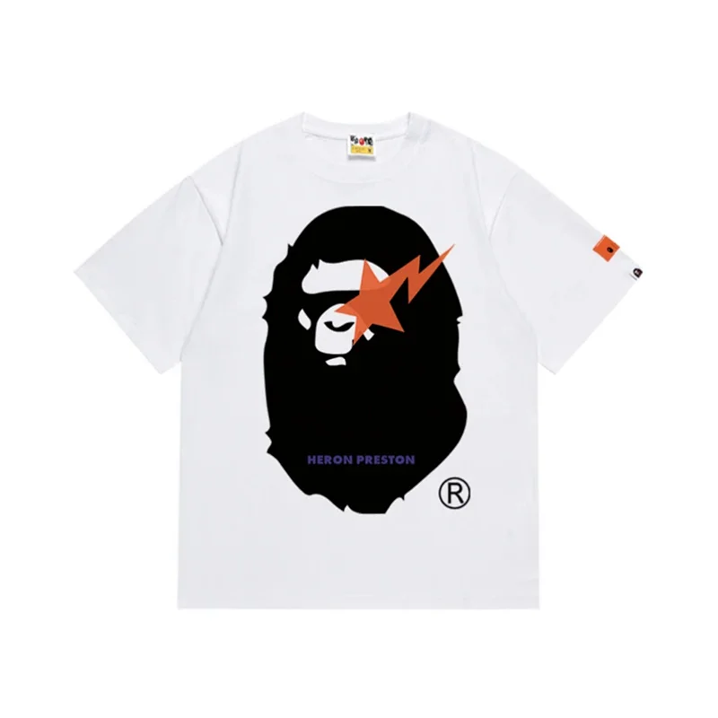 BAPE x HERON PRESTON White T - Shirt (Ape Head, Orange Star Lightning, Brand Details)
