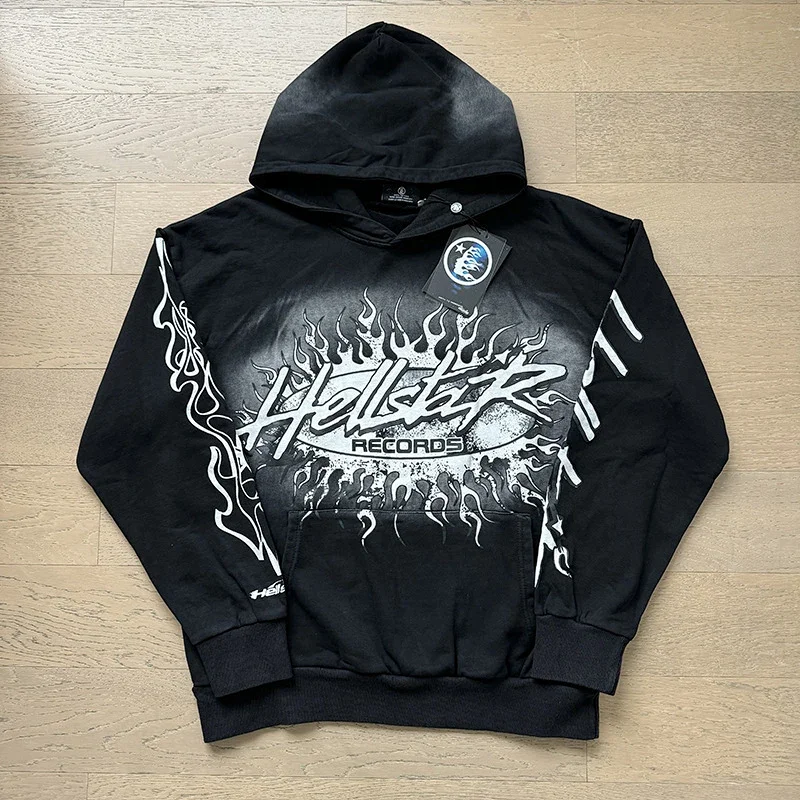 HELLSTAR Black Hoodie with Flame Graphic & "Hellstar RECORDS" Print
