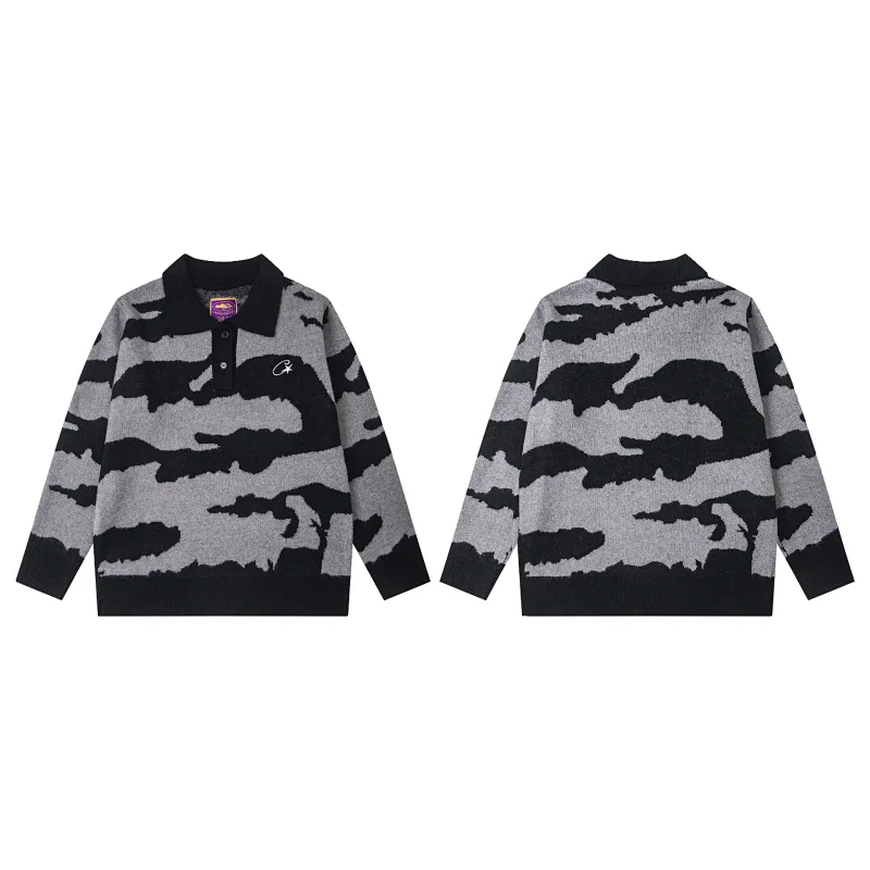 GRAF Black and Gray Camouflage Polo - Collar Long - Sleeve Knitted Sweater