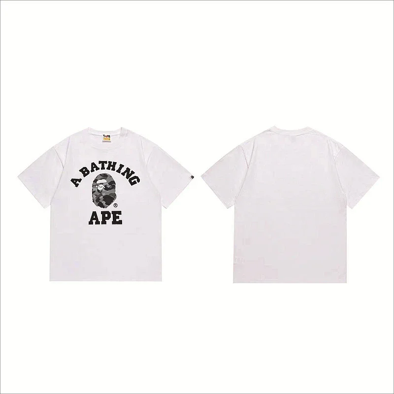 A BATHING APE White Short - Sleeve T - Shirt with Camouflage Ape Head and Brand Text