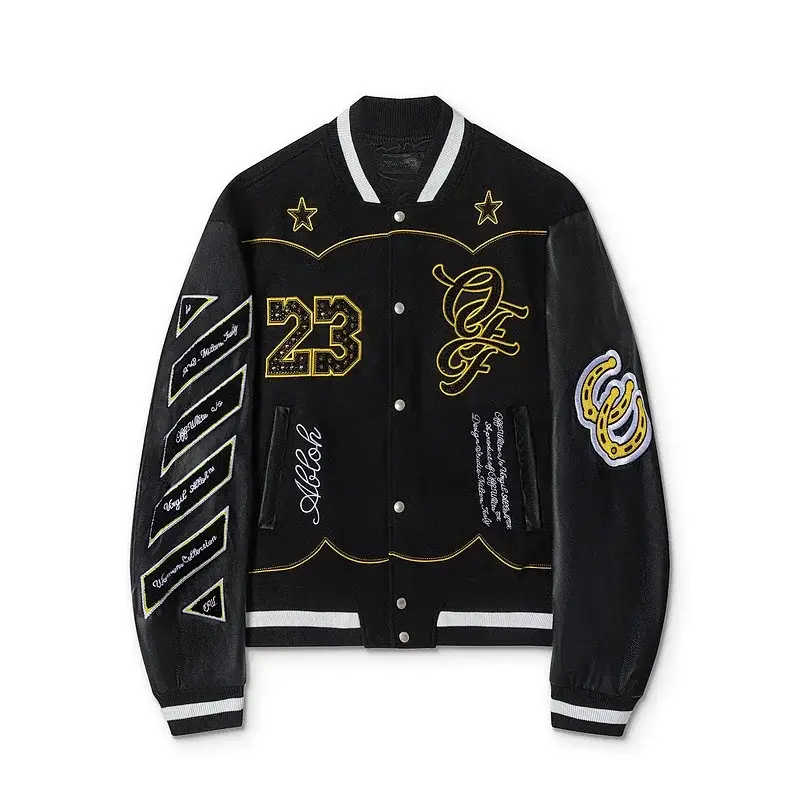 OFF-WHITE Black Varsity Jacket with Embroidered Details