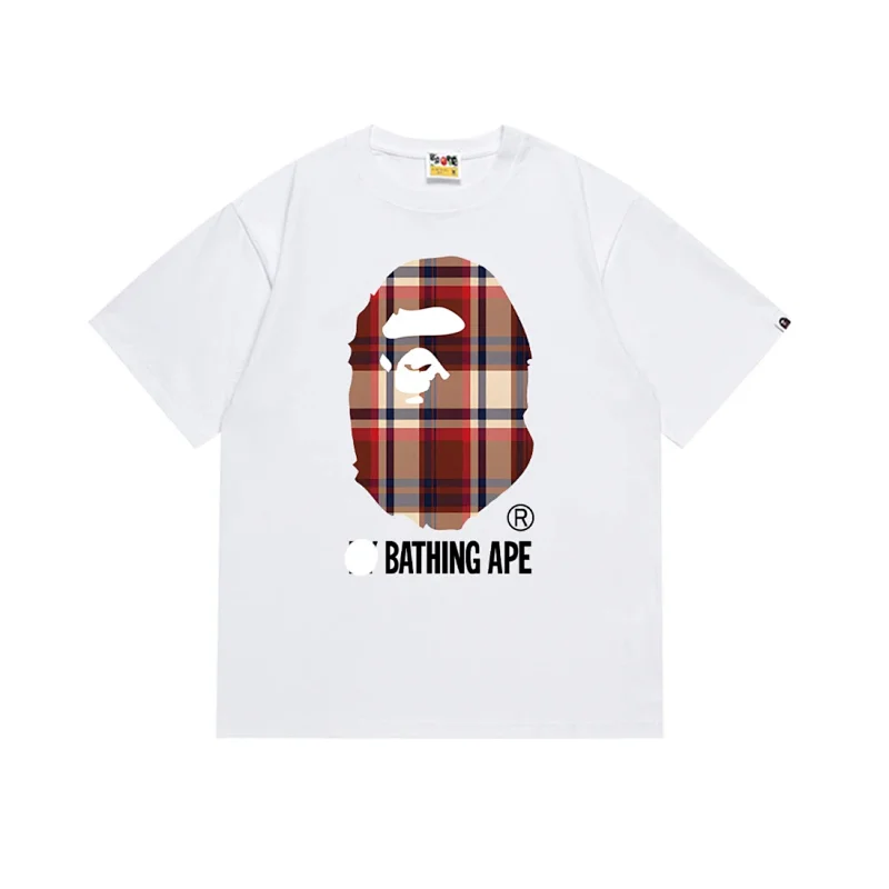 BATHING APE White T - Shirt with Plaid Ape Head Graphic and BATHING APE Logo
