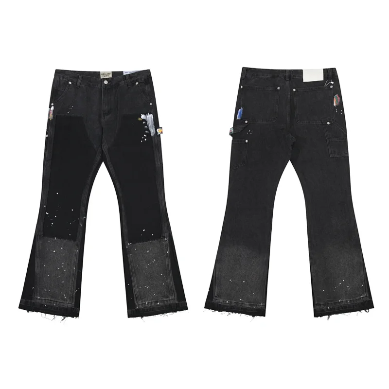 BRAND Black Patchwork Paint Splatter Flared Jeans with Frayed Hem & Utility Pockets