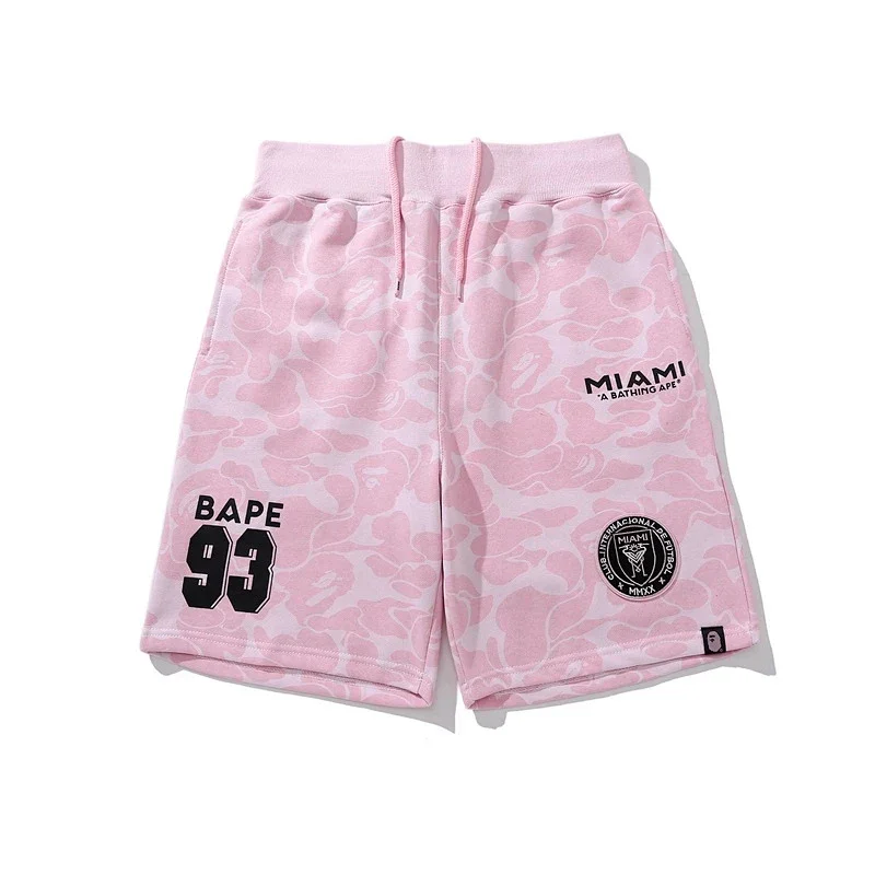 BAPE Pink Camouflage Drawstring Shorts with "MIAMI", "BAPE 93", Badge & Ape Head Logo