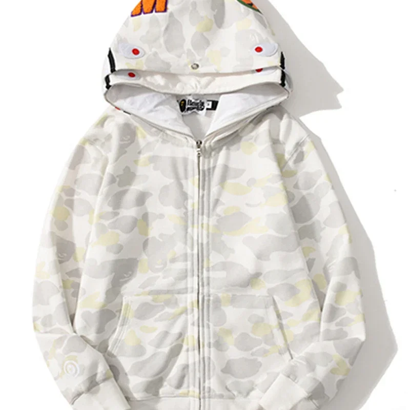 Bape White Camo Hooded Zip - Up Sweatshirt with Ape Eyes & M Logo