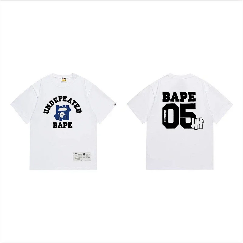 BAPE x UNDEFEATED White T - Shirt with Front UNDEFEATED Arc Text, Blue Logo & BAPE, Back BAPE 05 & UNDEFEATED Fist Logo