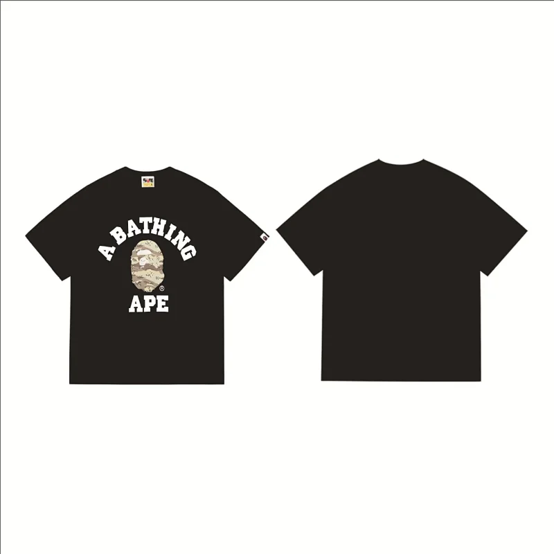 A BATHING APE Black Short - Sleeve T - Shirt with Camo Ape Head Logo and "A BATHING APE" Text