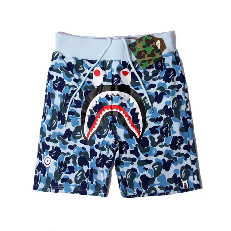 BAPE Blue Camouflage Shark Mouth Graphic Drawstring Shorts