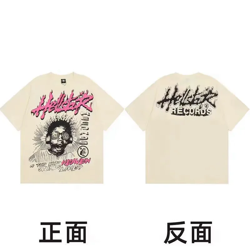 HELLSTAR Beige Short - sleeved T - shirt with Front Cartoon Figure & Flame Text, Back "Hellstar RECORDS" Print
