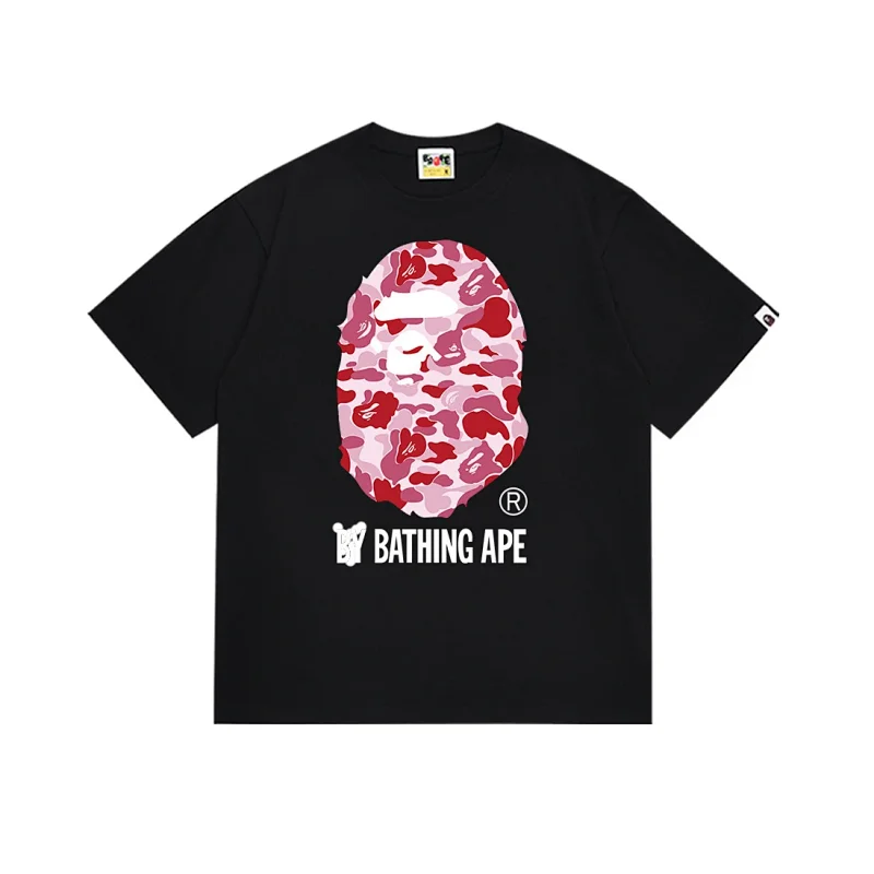 BATHING APE Black Short - Sleeve T - Shirt with Pink Camouflage Ape Head Graphic