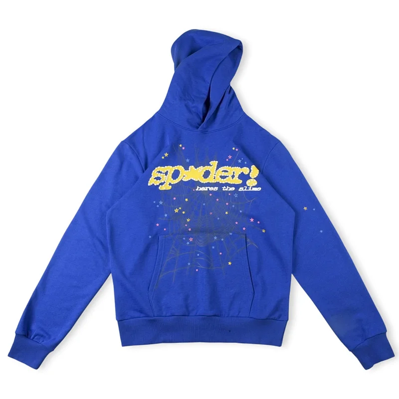 Spider Blue Hoodie with "spider! here's the slice" Print, Star & Spider Web Design