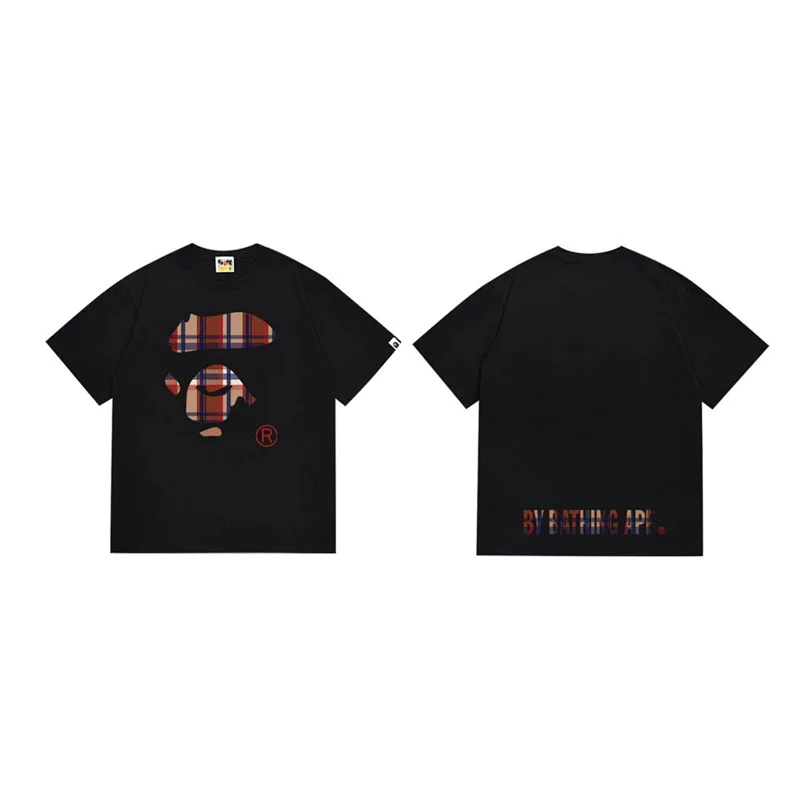 Bathing Ape Black T - Shirt with Plaid Ape Head & Back Text