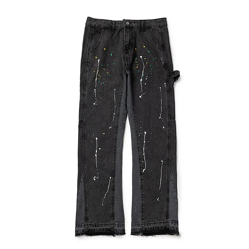UrbanEdge Black Paint Splatter Wide Leg Denim Jeans with Distressed Hem