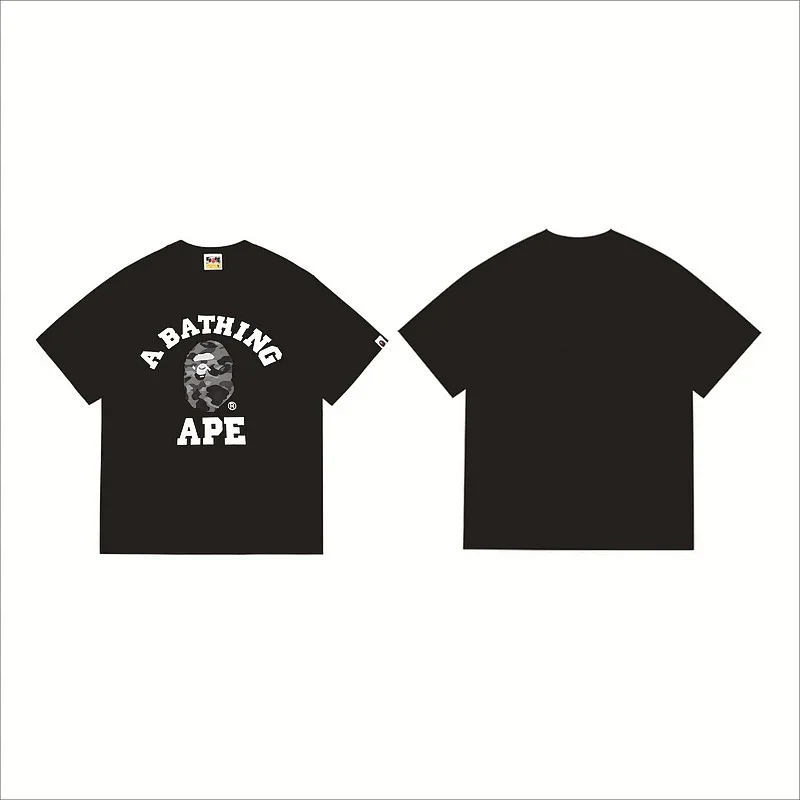A BATHING APE Black Short - Sleeve T - Shirt with "A BATHING APE" Text & Camouflage Ape Head