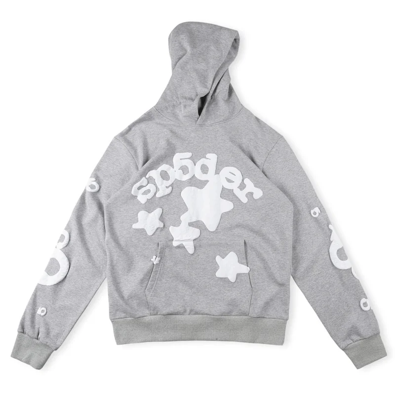 Sp5der Heather Gray Hoodie with Star & Logo Appliqués, Kangaroo Pocket