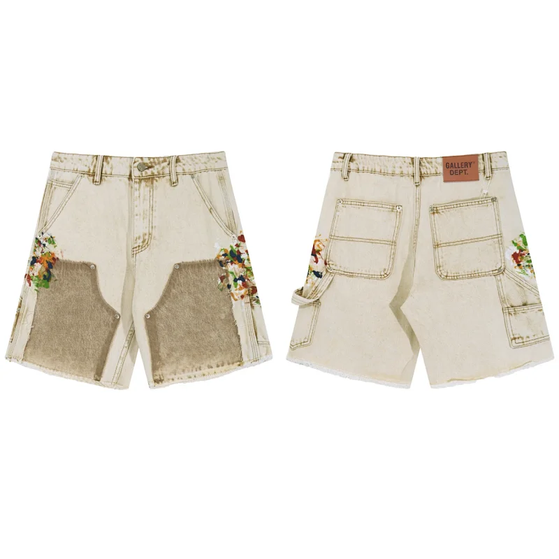 GALLERY DEPT. Beige Denim Shorts with Patch, Paint - Splatter Floral Design, Multi - Pockets & Frayed Hem