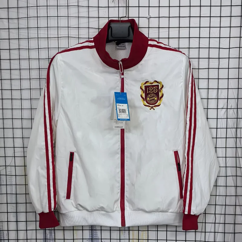 Corteiz White Track Jacket with Red Accents, 125th Anniversary Badge, Zip - Up & Side Pockets