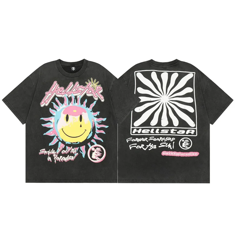 HELLSTAR Black T - Shirt with Smiley Sun Graphic & Front - Back Prints