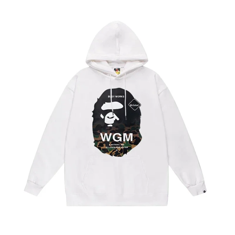 A BATHING APE White Hoodie with Camo Ape Head & WGM Print