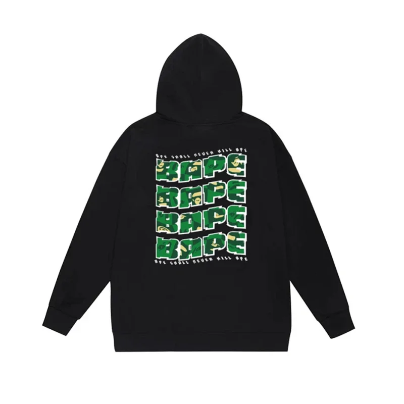 BAPE Black Hoodie with Repeated Green Camouflage BAPE Logo & "WE SHALL NEVER KILL OFF" Text on Back