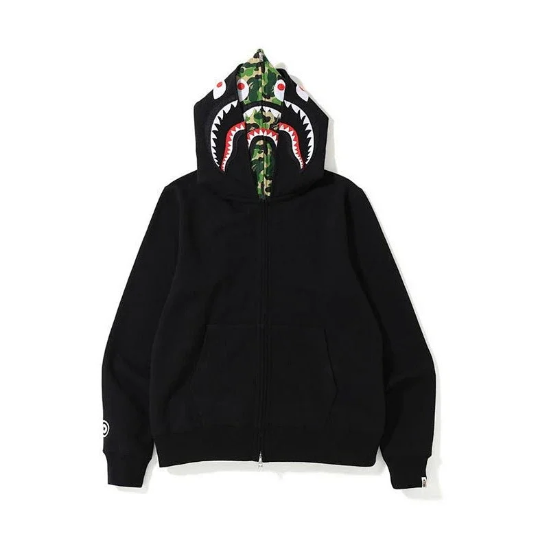 BAPE Black Shark Head Camouflage Lining Zip - Up Hoodie with Pocket & Sleeve Logo
