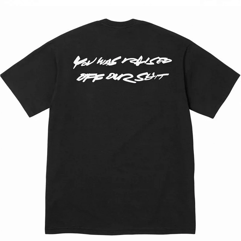 Generic Brand Black T - Shirt with White Graffiti - Style Text "You Was Raised Off Our Shit" on Back