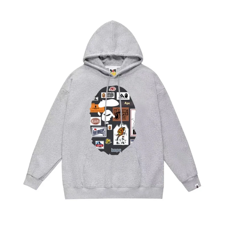 Bape Gray Hoodie with Ape Head Sticker Collage Design